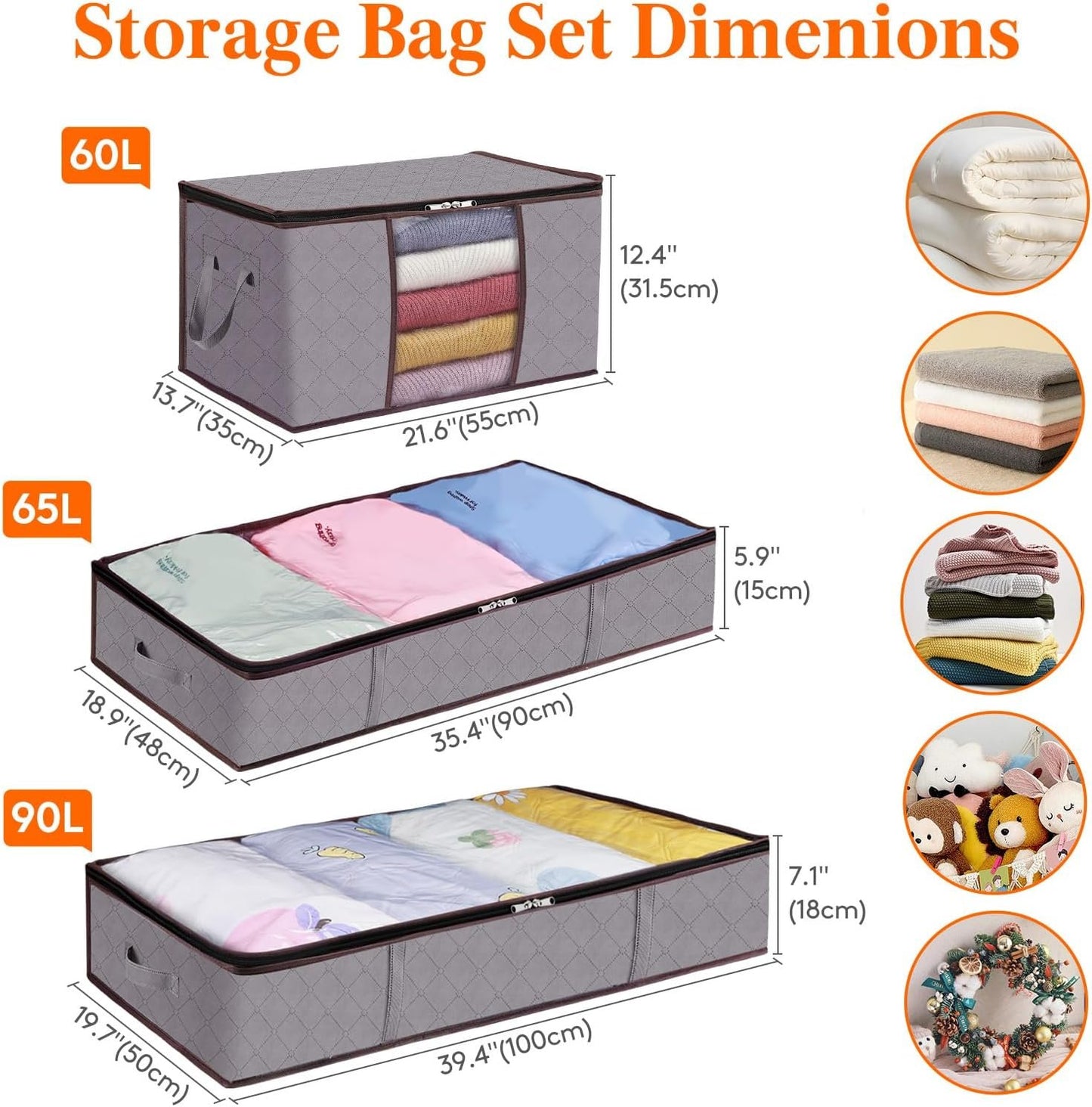 Lifewit 6 Pack Clothes Storage Bags (90L×2+65L×2+60L×2) for Comforters, Blankets, Foldable Closet Organizers and Underbed Storage Containers with Reinforced Handle, Sturdy Zipper, Clear Window, Gray