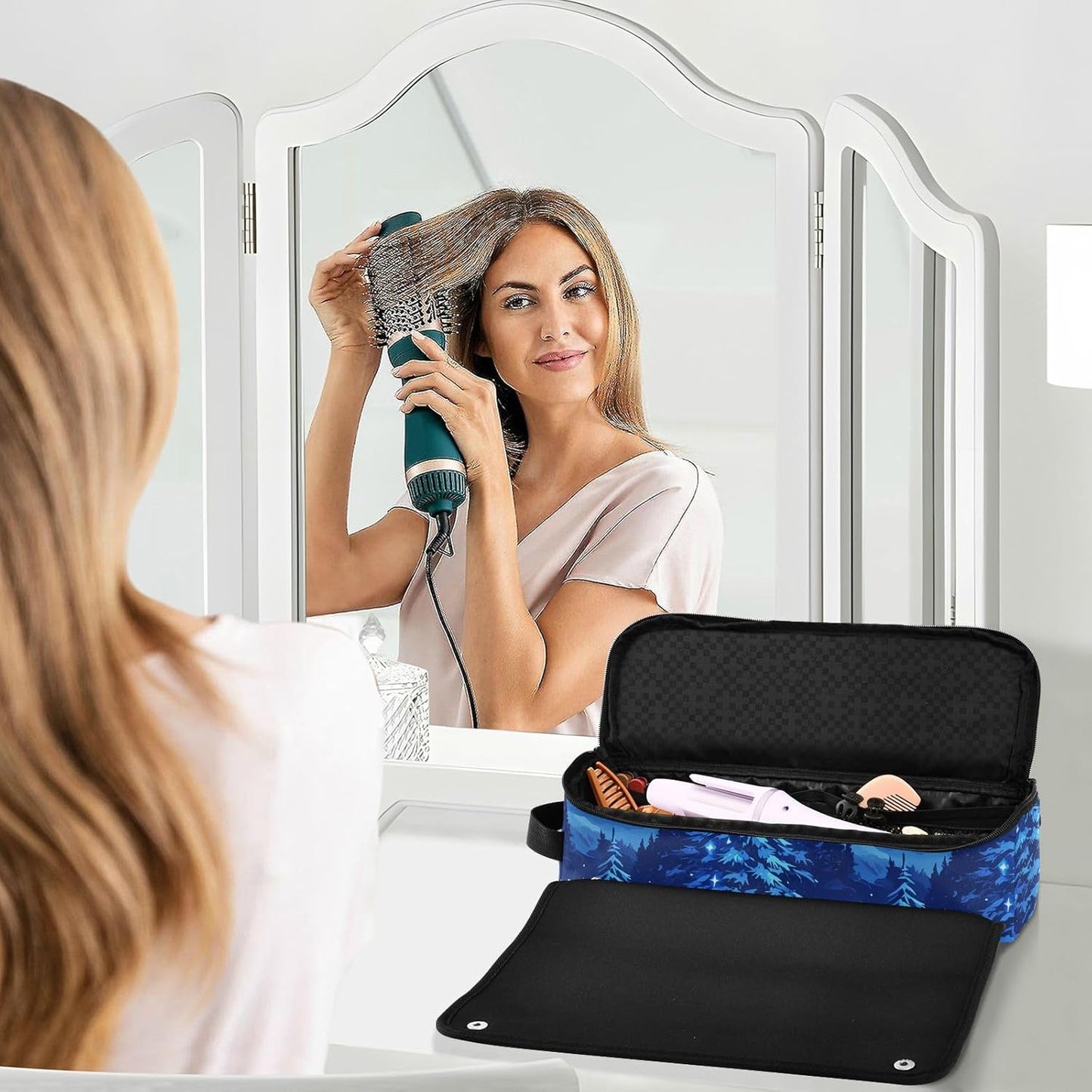 FRODOTGV Blue Forests - Borsa da viaggio per attrezzi da capelli, con cuscinetto resistente al calore, impermeabile, organizer da viaggio per strumenti caldi e accessori per la cura dei capelli