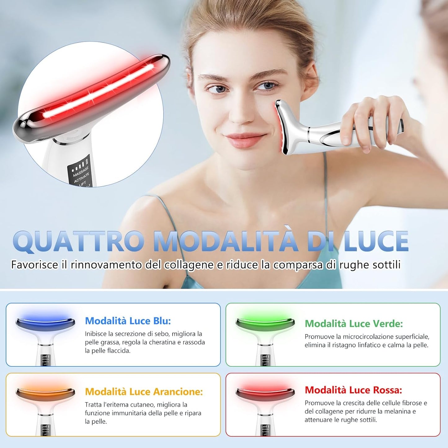 Electric Face Massager, Lifting Face Massager with 6 Modes at 45°C for Anti-Aging, Lifting and Firming Sagging Skin (4 Colour LED Mode - White)