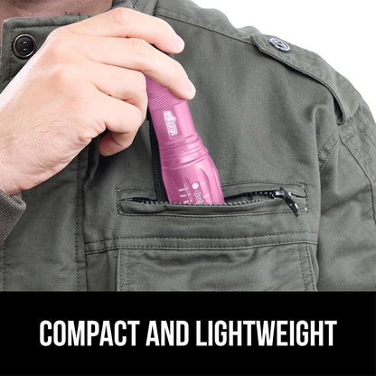 GORILLA GRIP Powerful LED 750 FT Water Resistant 5 Adjustable Mode Tactical Flashlight, High Lumens Ultra Bright Battery Life Zoom Flashlights, Small Camping Car Mini Flash Light Accessories, Pink