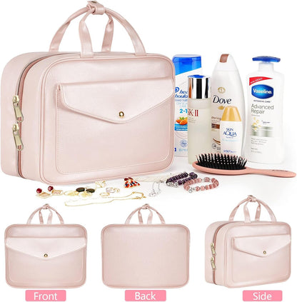 Toiletry Bag for Women and Men, Hanging Leather Large Capacity Travel Toiletry Bag, Waterproof Cosmetic Organiser with 4 Compartments Storage Travel Accessories for Holiday, Business Trip, Gym