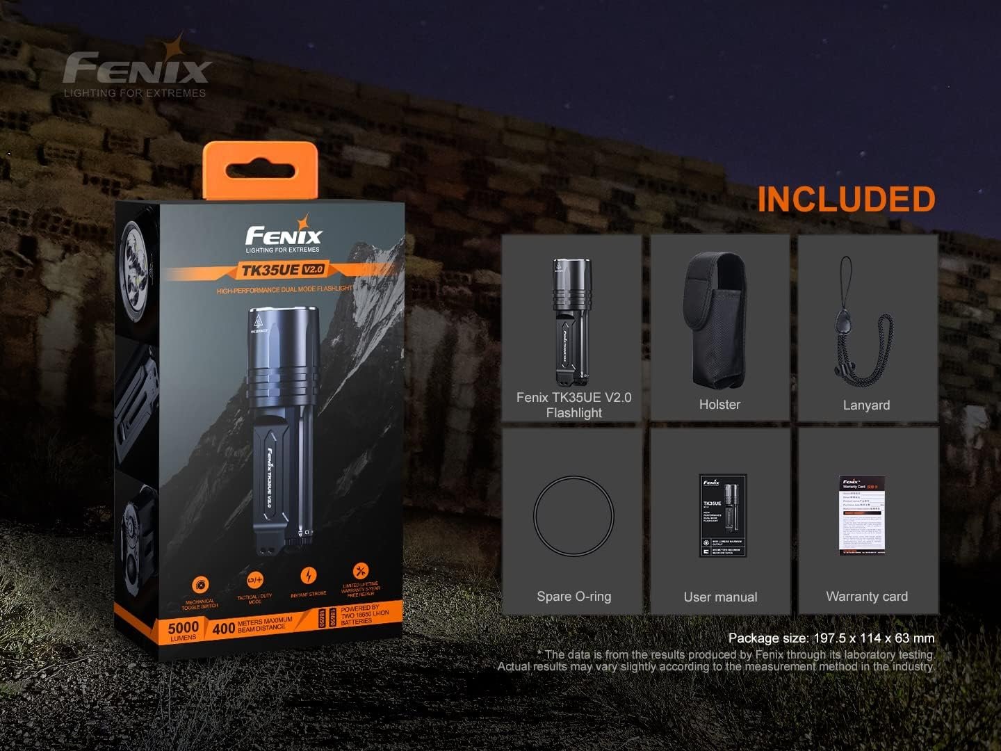 Fenix TK35UE V2.0 5000 Lumen Tactical Flashlight with 400m Beam – IP68 Waterproof Led Torch with Tactical & Duty Modes Flashlight Powered by 2 Batteries (Not Included)