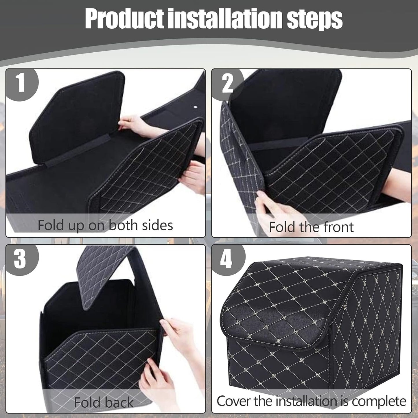 Car Trunk Organizer Multipurpose Leather Cargo Storage Box for Sedan SUV RV, Durable Collapsible Adjustable Auto Compartments Trunk Organiser (Black Solid-Small-Set of 2Pcs)