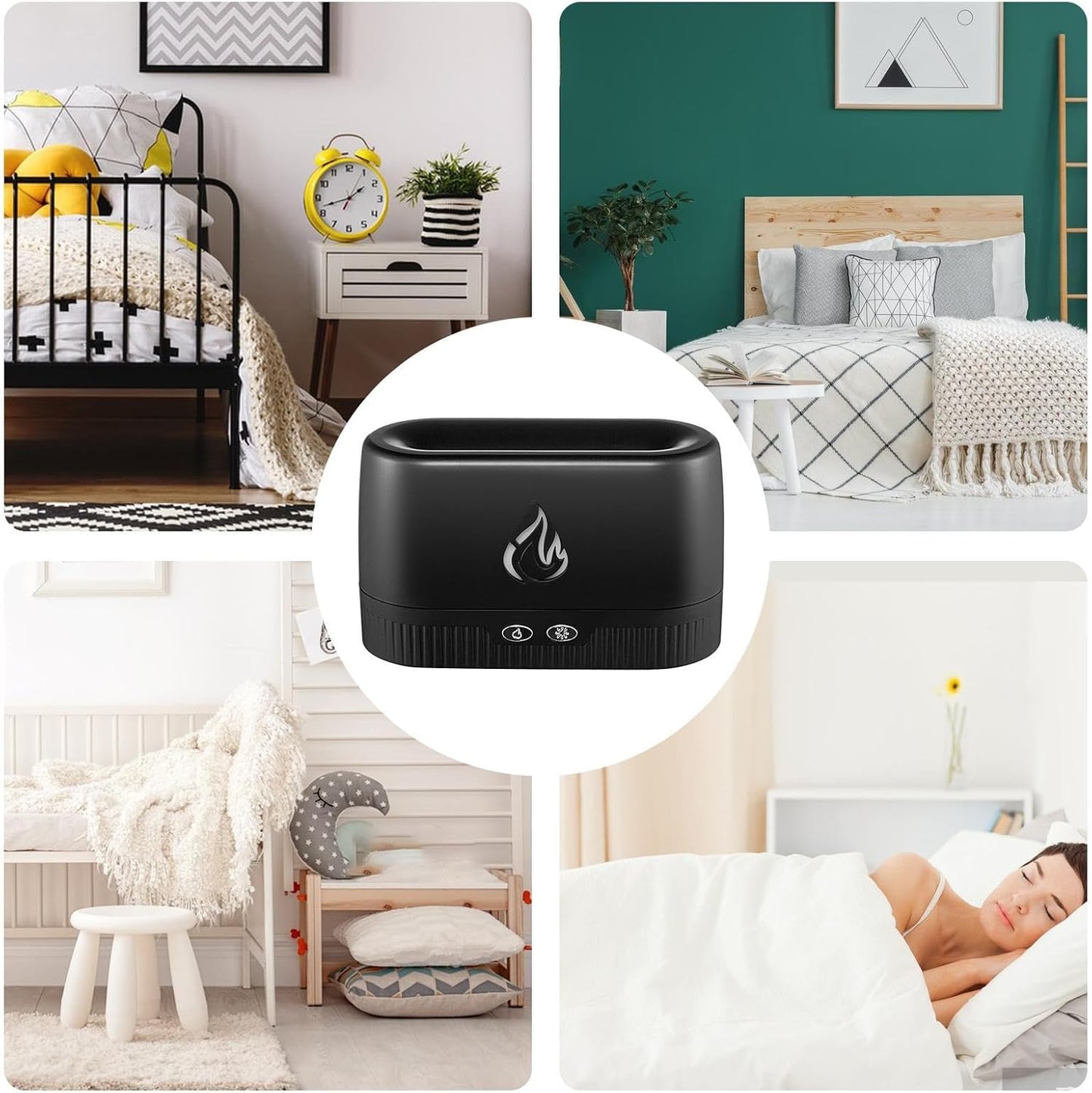 Colorful Flame Diffuser, Aromatherapy Fireplace-Inspired Scented Humidifier, Silent Mist Maker for Home, Bedroom, Offices Relaxation, 6.89x3.11x4.21 inches, White, Black