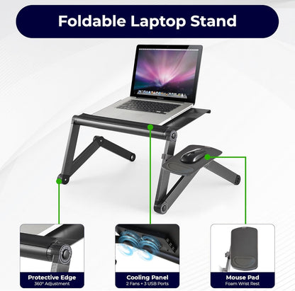 WorkEZ Cooling Adjustable Laptop Stand for Desk w/Fan USB Ports Mouse Pad Ergonomic Foldable Laptop Riser Portable Computer Stand Laptop Holder, Black