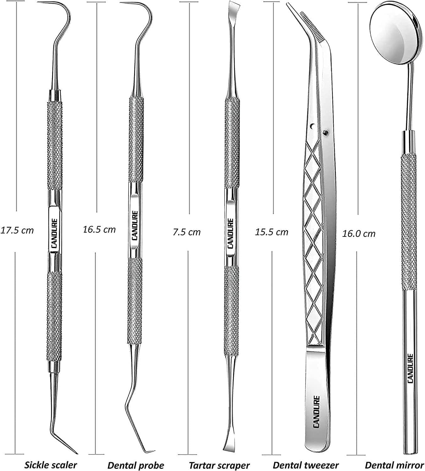 Candure Dental Tools - Professional Teeth Cleaning Kit, Stainless Steel Dental Picks, Plaque Remover, Tartar Scraper, Dental Mirror, Tooth Scraper, Dental Hygiene Kit - with Case