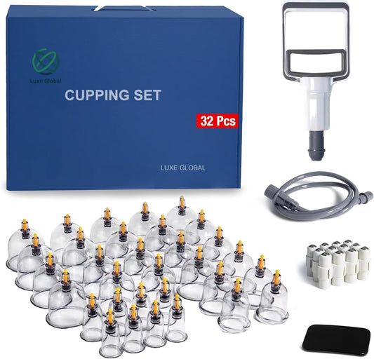 LUXE GLOBAL-32 Cupping Kit Massage Tools Set Gua sha Vagnetic Vacuum Myofascial Hijama for Back Cellulite Muscle Pain Relief Facial Knee and Body Chinese Therapy