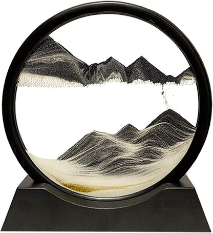 HYUGF Moving Sand Art Picture Decor, 3D Deep Sea Sandscape Liquid Motion, Round Glass Frame Display Flowing Sand Relaxing Gift for Kids Adults Home Office Work Desktop Decoration Toy (Black,7")