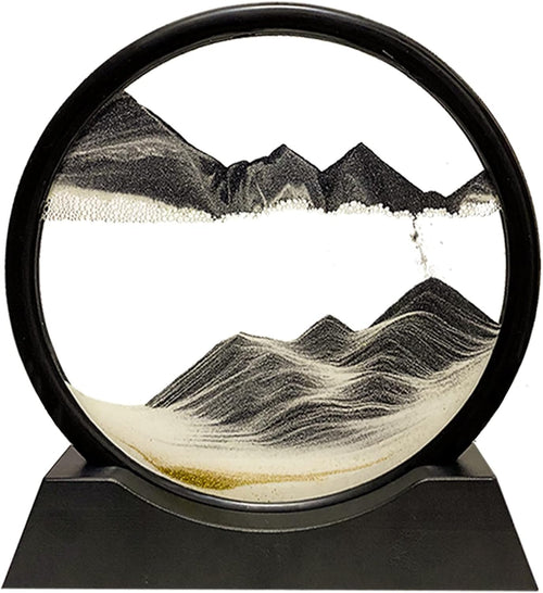 HYUGF Moving Sand Art Picture Decor, 3D Deep Sea Sandscape Liquid Motion, Round Glass Frame Display Flowing Sand Relaxing Gift for Kids Adults Home Office Work Desktop Decoration Toy (Black,7")
