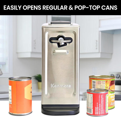 Kenmore Electric Can Opener - Extra-Tall, Smooth-Touch Side-Cut Blade, Safe Storage, Automatic Operation, Opens Regular & Pop-Top Cans, Black Steel Steel Camping Tool, Kitchen Gadget, Secure Grips