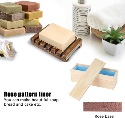 DIY Rose Pattern Handmade Bread Soap Mold Silicone Liner Wooden Box Cake Baking Tool for Home Kitchen Crafting Non Toxic Material 28.2x9x9cm (Sky blue silicone + wooden box)