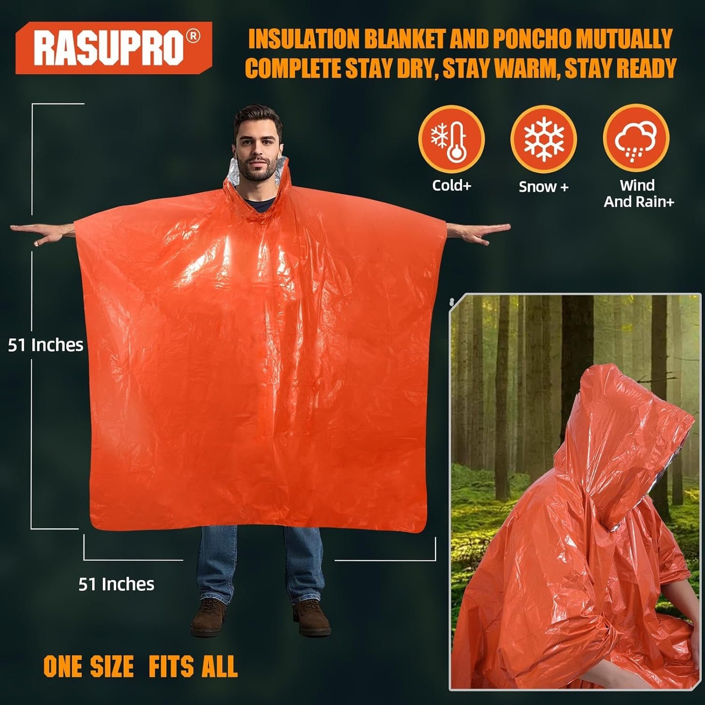 Rasupro 4 Pack Emergency Ponchos with Thickened Mylar Blanket Lining, Windproof, Waterproof, and Thermal Orange Survival Ponchos - Perfect for Outdoor Rescue, Family Camping Gear, Car Emergency Kits,
