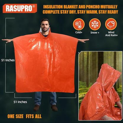 Rasupro 4 Pack Emergency Ponchos with Thickened Mylar Blanket Lining, Windproof, Waterproof, and Thermal Orange Survival Ponchos - Perfect for Outdoor Rescue, Family Camping Gear, Car Emergency Kits,