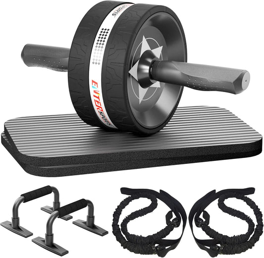 EnterSports AB Wheel Roller, 6-in-1 Exercise Roller Wheel Kit with Knee Pad, Resistance Bands, Pad Push Up Bars Handles Grips, Perfect Home Gym Equipment for Men Women Abdominal Roller