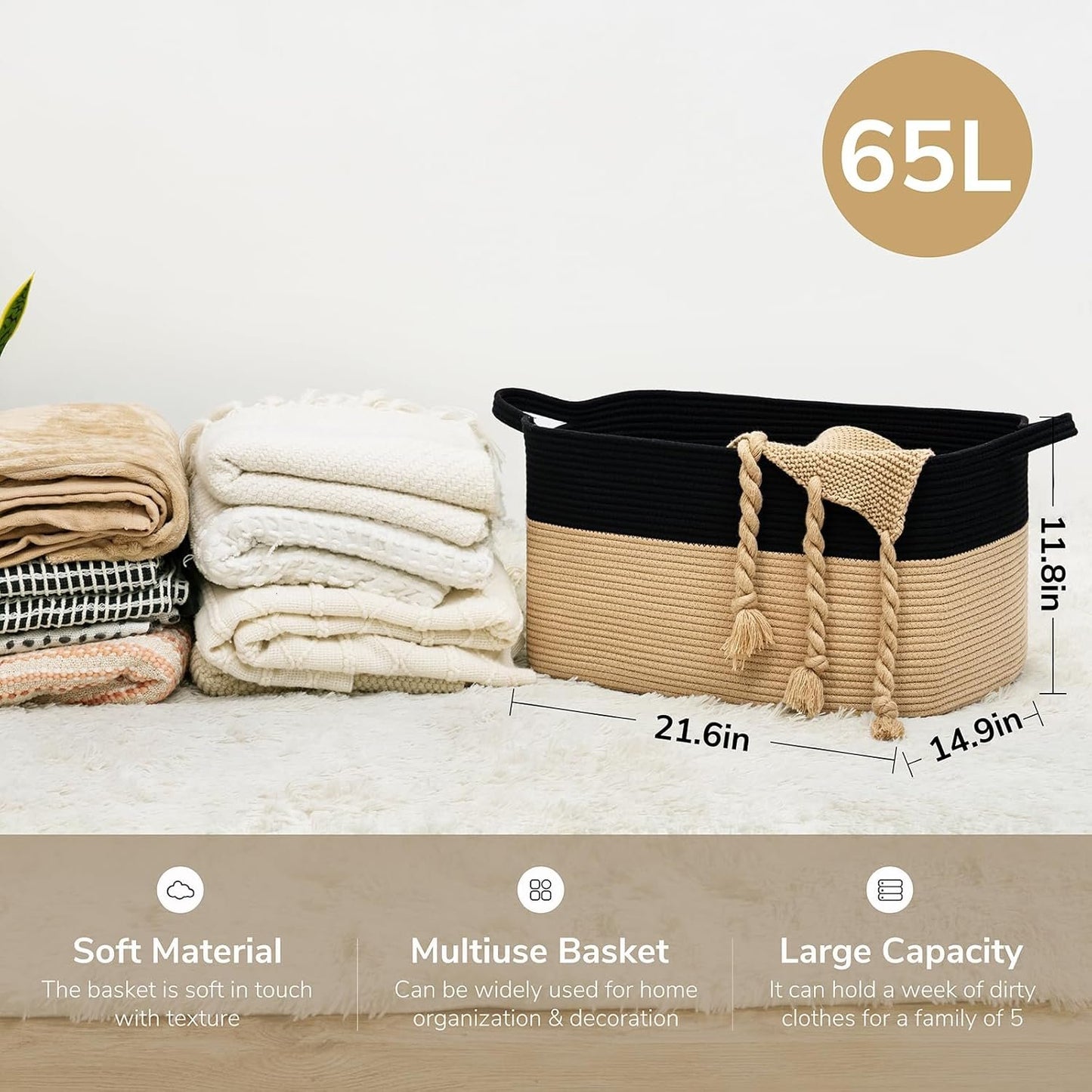 Goodpick Woven Basket for Storage 65L, Blanket Basket for Living Room Home Décor ,Rectangle Rope Laundry Basket with Handles Large Toy Storage Basket for Baby, Kids, 21.6" x 14.9" x 11.8"