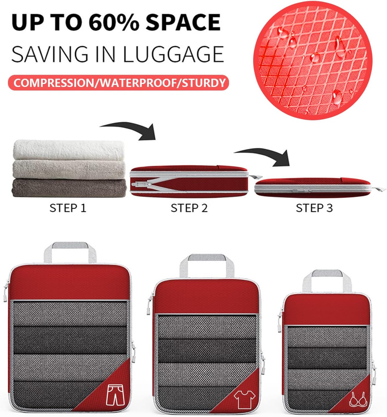 Rantuia Compression Packing Cubes, 6pcs Set, Water Proof Nylon Material, Breathable, 70% Compression, Compression Packing Cubes for Travel, Lightweight compression Packing Cubes Kit.(Red)