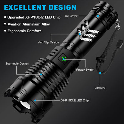 Sinvimes Rechargeable Flashlights High Lumens, 4000 LM XHP160.8 Powerful Tactical Flashlight with Zoomable & 6 Modes & IPX7 Waterproof, Super Bright Flashlight for Camping, Hiking, Emergencies