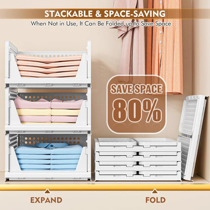 TidyIsles Wardrobe Storage Organiser - 4 Pack Folding Closet Organisers, Stackable Storage Boxes, Plastic Drawer Organiser Basket for Bedroom Kitchen Bathroom White