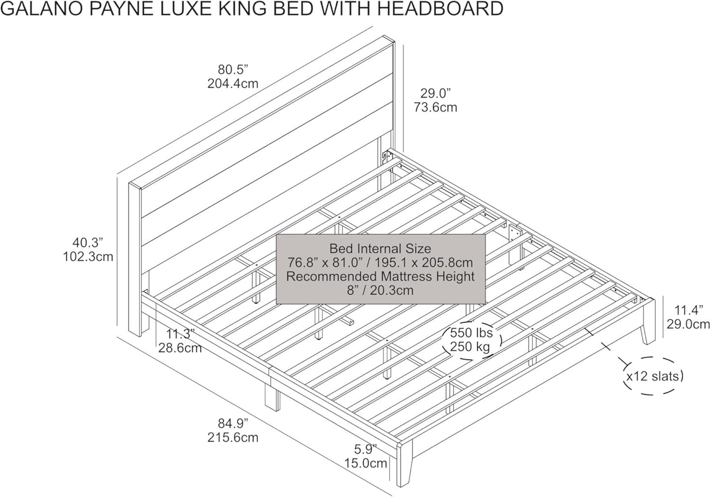 Galano Payne King Bed Frame with Headboard – Dusty Grey Oak Platform Bedframe, King Size Bed Frame, Base de Lit King, Solid Wood Foundation, Wood Slat Support, 80.35" D x 85.31" W x 40.16" H