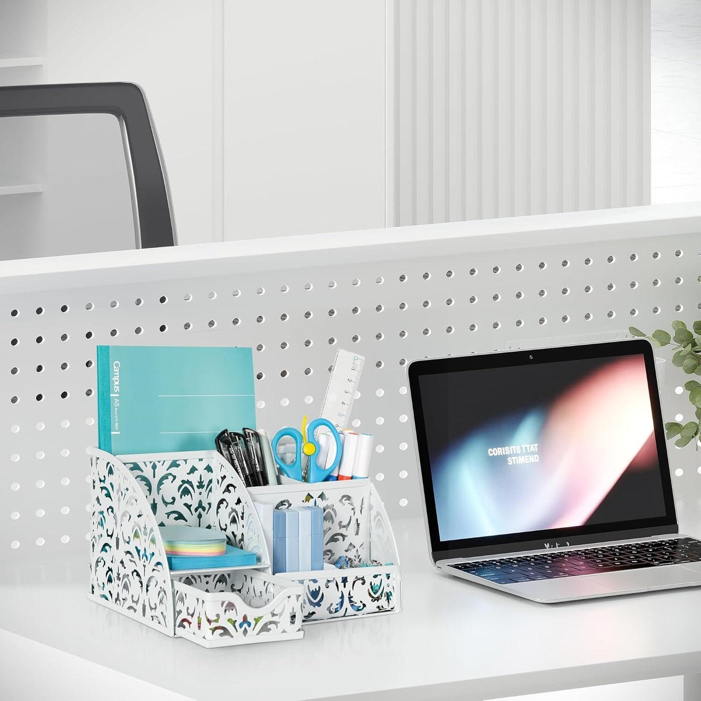 EasyPAG Desk Organizers with Drawer Office Desk Accessories Pen Holder Metal Desk Organizer with 5 Compartments 1 Drawer for Office Supplies,White