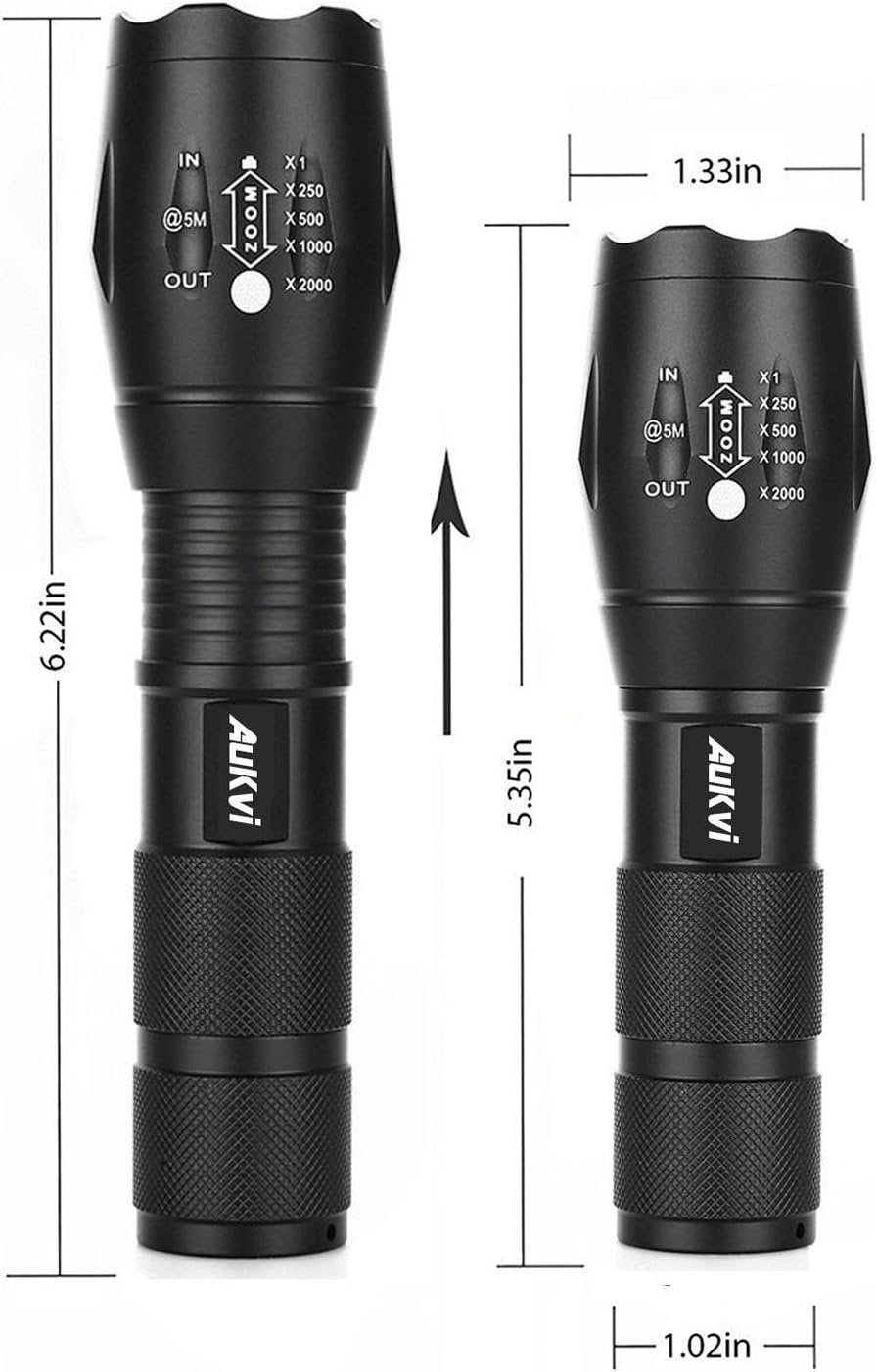 AuKvi TC1200 Tactical Flashlight 3000 Lumens Zoomable 5 Modes for Hurricane Camping Hiking etc (2-Pack)