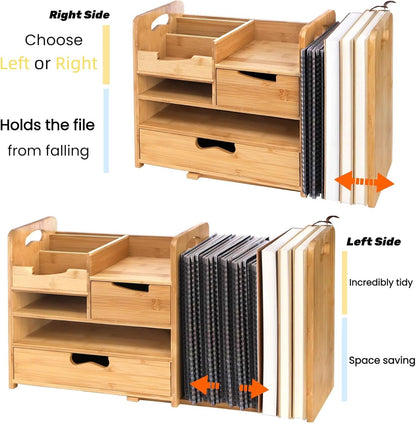 ZOOFOX Bamboo Desk Organizer with Adjustable File Holder, Mail Organizer Countertop with Drawer, 4-Tier Desktop Organization and Desk Accessories for Home Office School Supplies, No Assembly Required