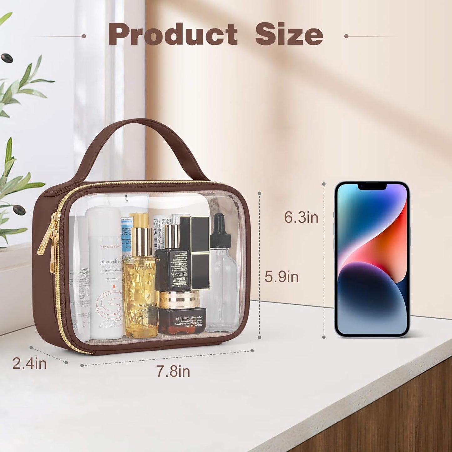 TSA Approved Toiletry Bag, Clear Makeup Bags with Handles, Quart Size PVC Clear Cosmetic Bags for Women and Men, Carry on Airport Airline Compliant Bag, Brown