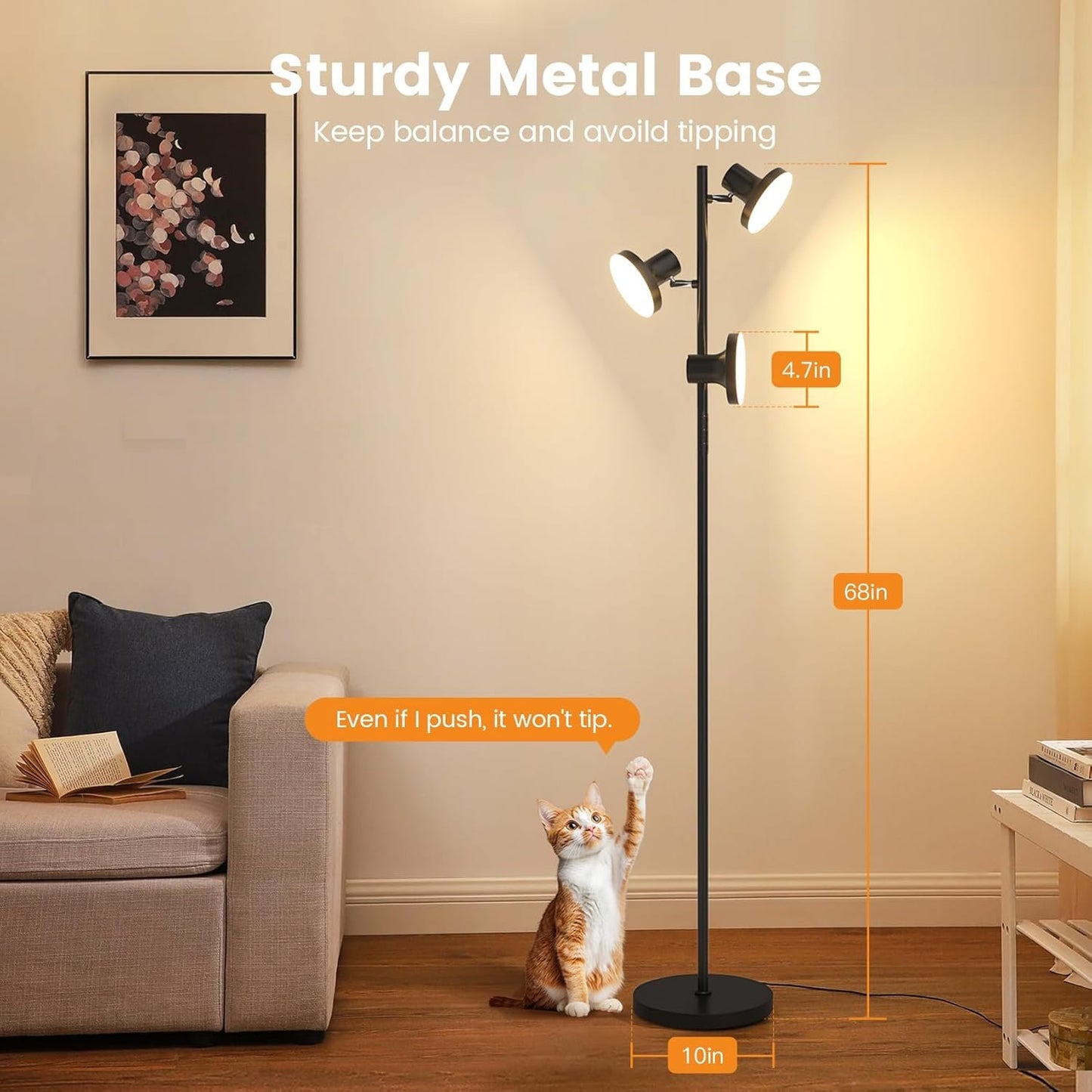 SIBRILLE 36W LED Tree Floor Lamp, Super Bright Standing Lamp with Remote & Touch Control, 4 Color Temperatures,3 Rotatable Lights, Dimmable Floor Lamps for Living Room, Bedroom, Office