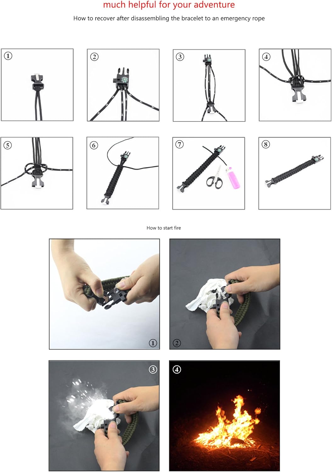 5 in 1 Survival Bracelet, New 7 Core Paracord Emergency Sports Wristband Gear Kit Waterproof Compass, Rescue Whistle, Fire Starter Multi-Tool Wilderness Adventure Accessories