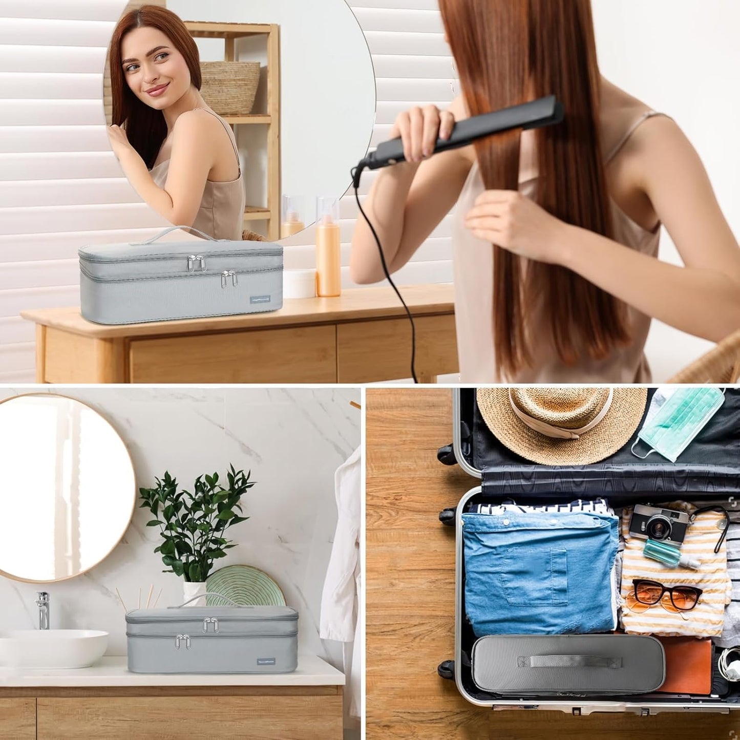 wigmoa K1-K Portable Double-Layer Storage Bag Compatible with Hair Dryer and Accessories - Travel Carrying Case for Hair Dryer, Volumizer, Styler, and Hot Tools. (Grey)