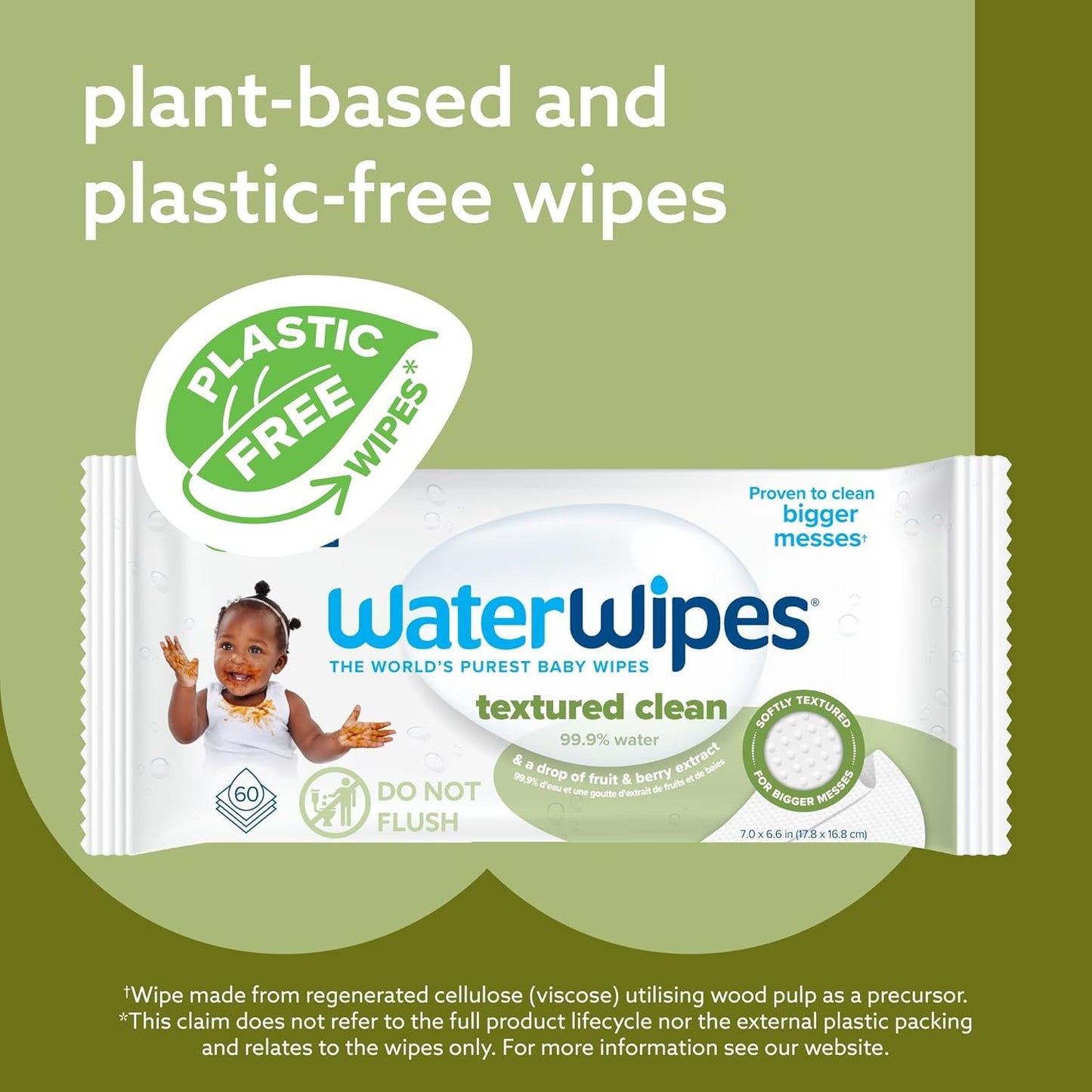 WaterWipes Plastic-Free Textured Clean, Toddler & Baby Wipes, 99.9% Water Based Wipes, Unscented & Hypoallergenic for Sensitive Skin, 240 Count (4 packs), Packaging May Vary