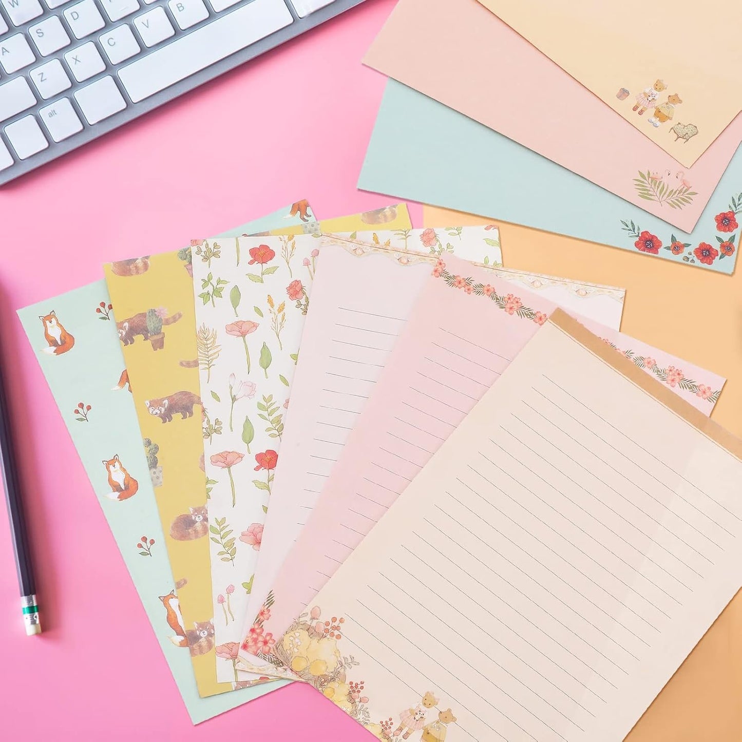 Laumoi 180 Pcs Papers and Envelopes Set - 60 Envelopes, 120 Lined Writing Paper, 96 Colorful Round Dot Stickers, 10 Designs (Vibrant)