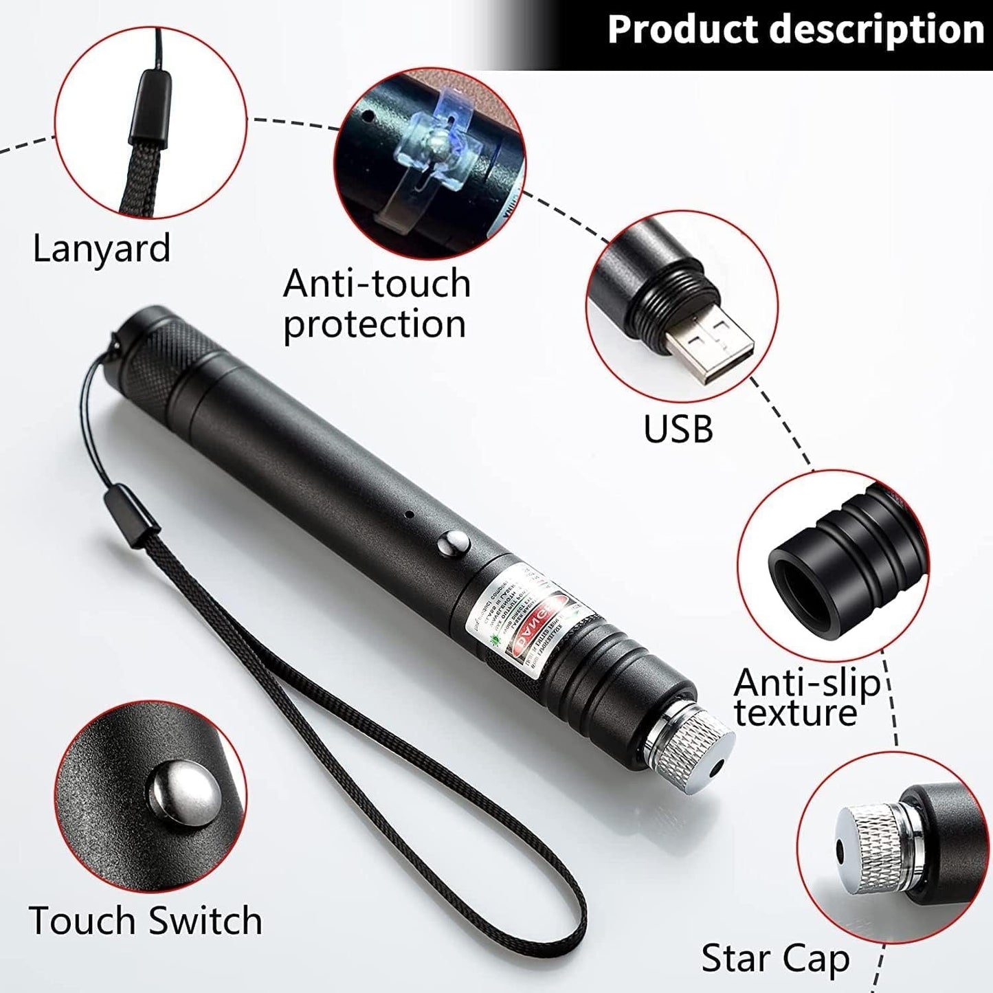 Flashlight, Long Range Point Beam Pen Tactical Flashlight with Star Cap Adjustable Focus, Rechargeable Outdoor use, TV/LED/LCD Screen, Astronomy, Camping and Presentation (red)