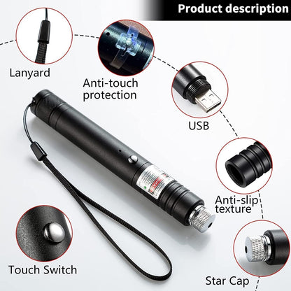 Flashlight, Long Range Point Beam Pen Tactical Flashlight with Star Cap Adjustable Focus, Rechargeable Outdoor use, TV/LED/LCD Screen, Astronomy, Camping and Presentation (red)