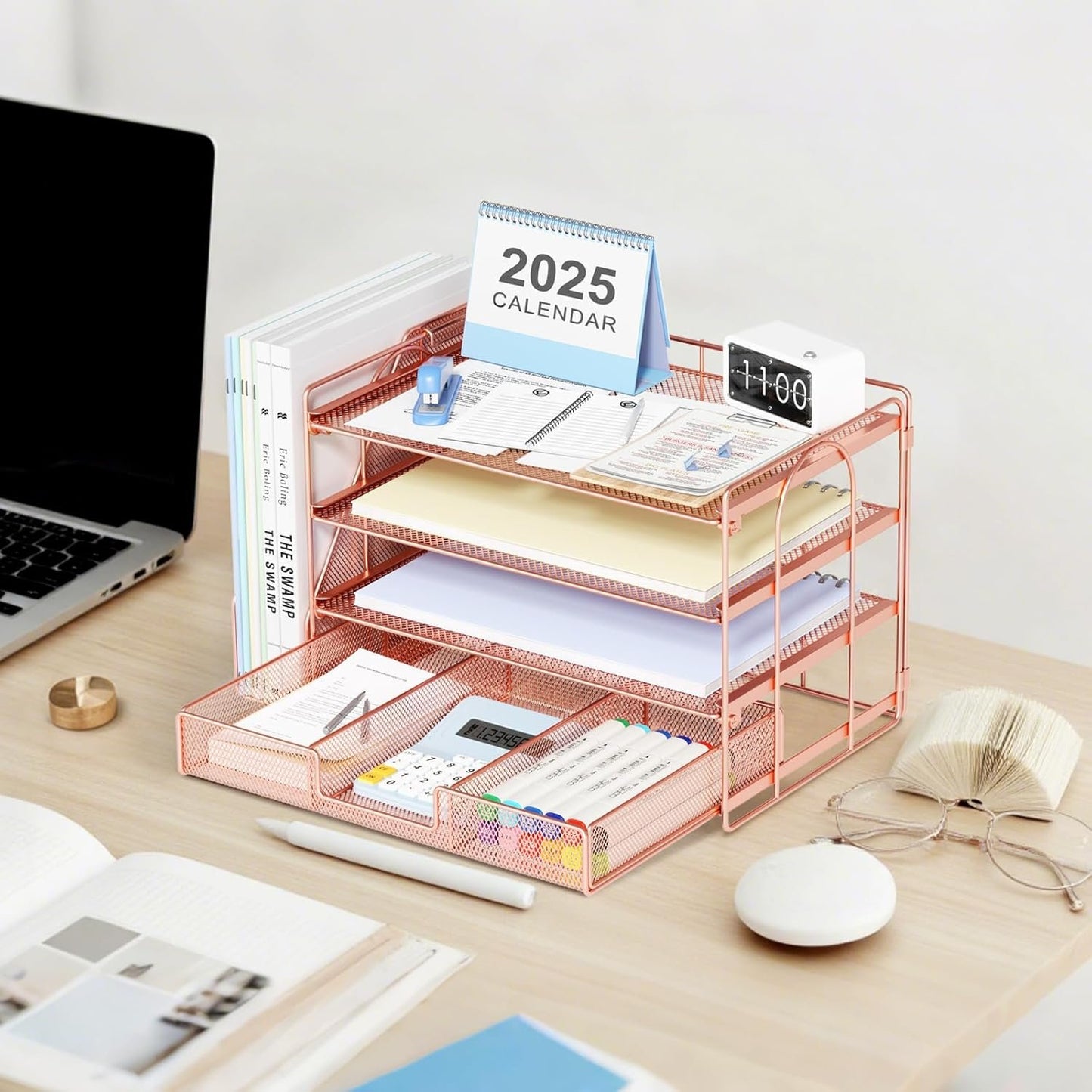 OPNICE Desk Organizers and Accessories, 4-Tier Paper Letter Tray Organizer with Removable File Holder + Drawer, Office Desktop Workspace File Organizer for Office Supplies Desk Accessories (Rose Gold)