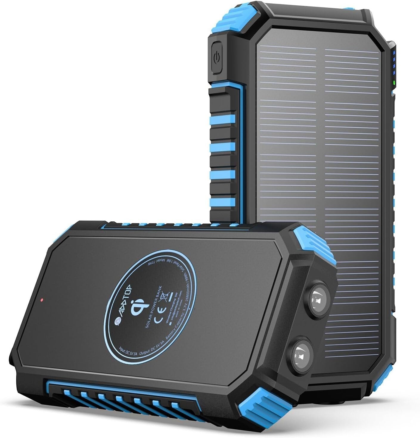 A ADDTOP Solar Charger Power Bank 26800mAh, Wireless Portable Charger Fast Charging QC 3.0 External Battery with 4 Outputs & Flashlight for Outdoors Blue
