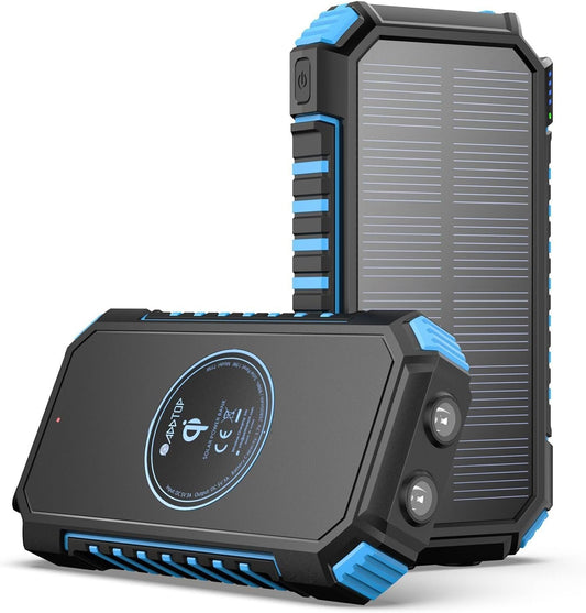 A ADDTOP Solar Charger Power Bank 26800mAh, Wireless Portable Charger Fast Charging QC 3.0 External Battery with 4 Outputs & Flashlight for Outdoors Blue