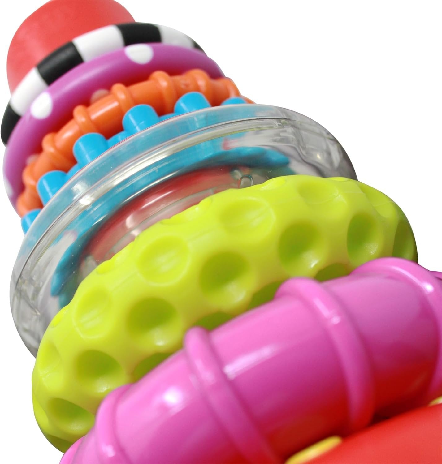 Sassy Stacks of Circles - Stacking Ring STEM Developmental Learning Toy - High Contrast Multicolored 9 Piece Set - For Ages 6+ Months