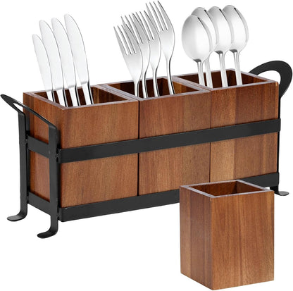 PHWRECZ Utensil Caddy 3 Compartments Wood Utensil Organizer Cutlery Holder for Spoons Fork Multifunctional Cutlery Storage Holder with Handle Removable Kitchen Utensil Holder 13.2×3.66×5.5 Inch