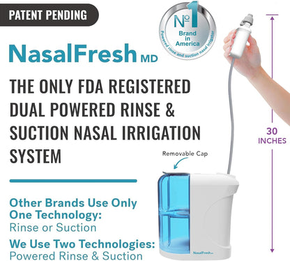 NASALFRESH MD Premium Bundle–Dual Powered Nasal Irrigation System Nasal Rinse and Wash, Sinus Decongestant Relief System, 60 Saline Packets, Case, Rechargeable, 2 Sets of Nose Pillows–Snoring Remedy