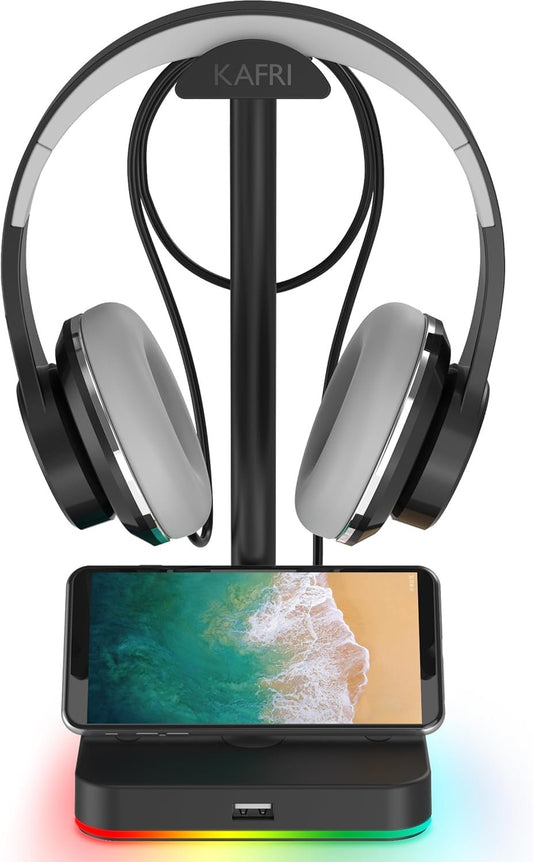 RGB Headphone Stand with USB Hub, KAFRI Desk Gaming Headset Holder Hanger Rack with 1 USB2.0 Extension Charging Port Cord - Suitable for Gamer Desktop Table Game Earphone Accessories