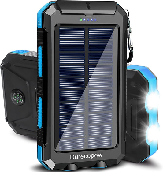 Solar Charger Power Bank, 20000mAh Portable Outdoor Waterproof Solar Battery Charger, Camping External Backup Battery Pack USB C Ports Input/Output, 2 Led Light Flashlight with Compass (Blue)
