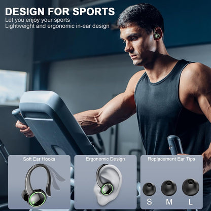 Wireless Earbuds Sport, Écouteur Bluetooth 5.4, HiFi Stereo Ear Buds, ENC Noise Cancelling Mic Headphones, 50H Dual LED Display Casque, in Ear Earphones with Earhooks, for Running/Fitness/Workout