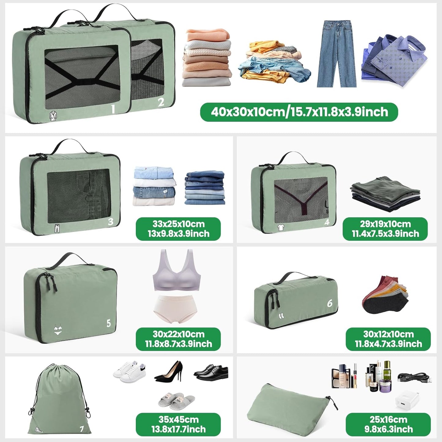 8 Piece Packing Cubes Travel Organizer Suitcase Space-Saving Travel Accessories for Backpack Suitcase Green