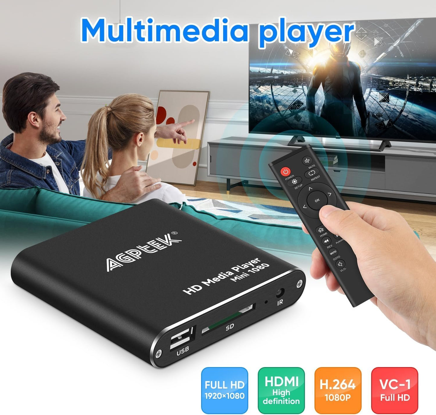 AGPtek HDMI Media Player, Black Mini 1080p Full-HD Ultra HDMI Digital Media Player for -MKV/RM- HDD USB Drives and SD Cards