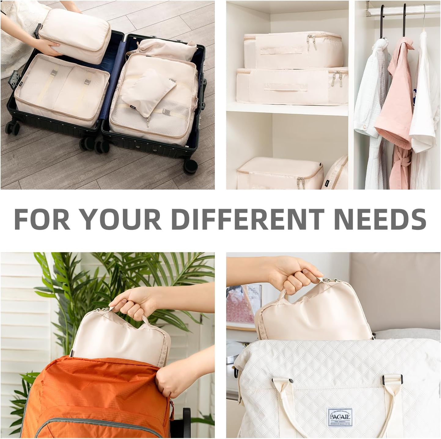 BAGAIL 8 Set Packing Cubes, Lightweight Travel Luggage Organizers with Shoe Bag, Toiletry Bag & Laundry Bag (Beige)