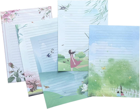 50 Writing Stationery Paper, Lined Stationery Paper for Writing Letter, Notes, Invitations, Craft, 5 Different Style (11.7 x 8.26")
