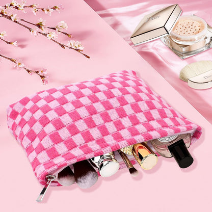 H HOME-MART 2 Pieces Checkered Makeup Bag Large Cosmetic Bag Capacity Canvas Mix Travel Toiletry Bag Organizer for Purse Portable Zipper Make Up Pouch Small Cosmetic Case