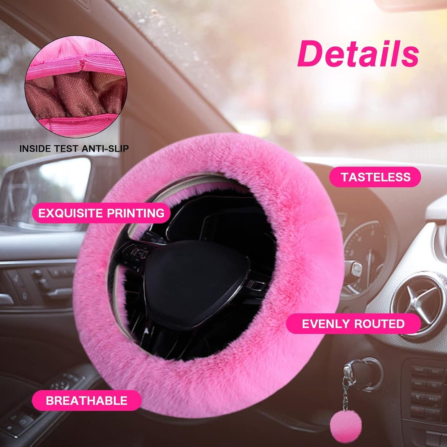 Wazzh 7PCS Set car Interior Aesthetic Accessories, Fluffy 15 inch Steering Wheel Cover, armrest pad, seat Belt Cover,Gear Shift Cover, Fit Girly car Accessories for Women.