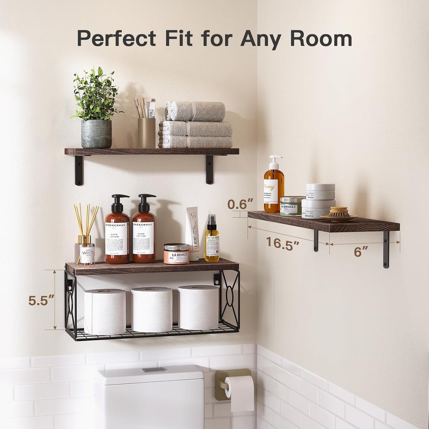 AMADA HOMEFURNISHING Bathroom Shelves with Storage Basket, Floating Shelves for Home Organization & Wall Decor, 3 Set Natural Wood Wall Shelf for Bathroom/Bedroom/Kitchen etc